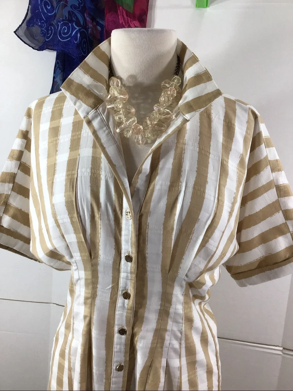 Emily McCarthy Georgia Striped Button-Front Shirt Dress in sand stripe S - Picture 2 of 12